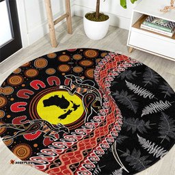 Aotearoa and Australia Round Carpet Maori Koru Ferns With Aboriginal Kangaroo LT03