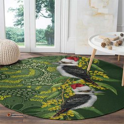 Aussie Kokaburra Golden Wattle Christmas Round Carpet Aboriginal Dots Painting Green Motif LT9