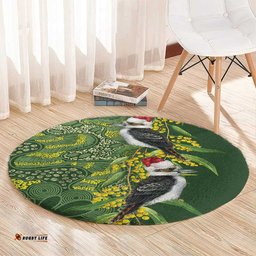 Aussie Kokaburra Golden Wattle Christmas Round Carpet Aboriginal Dots Painting Green Motif LT9
