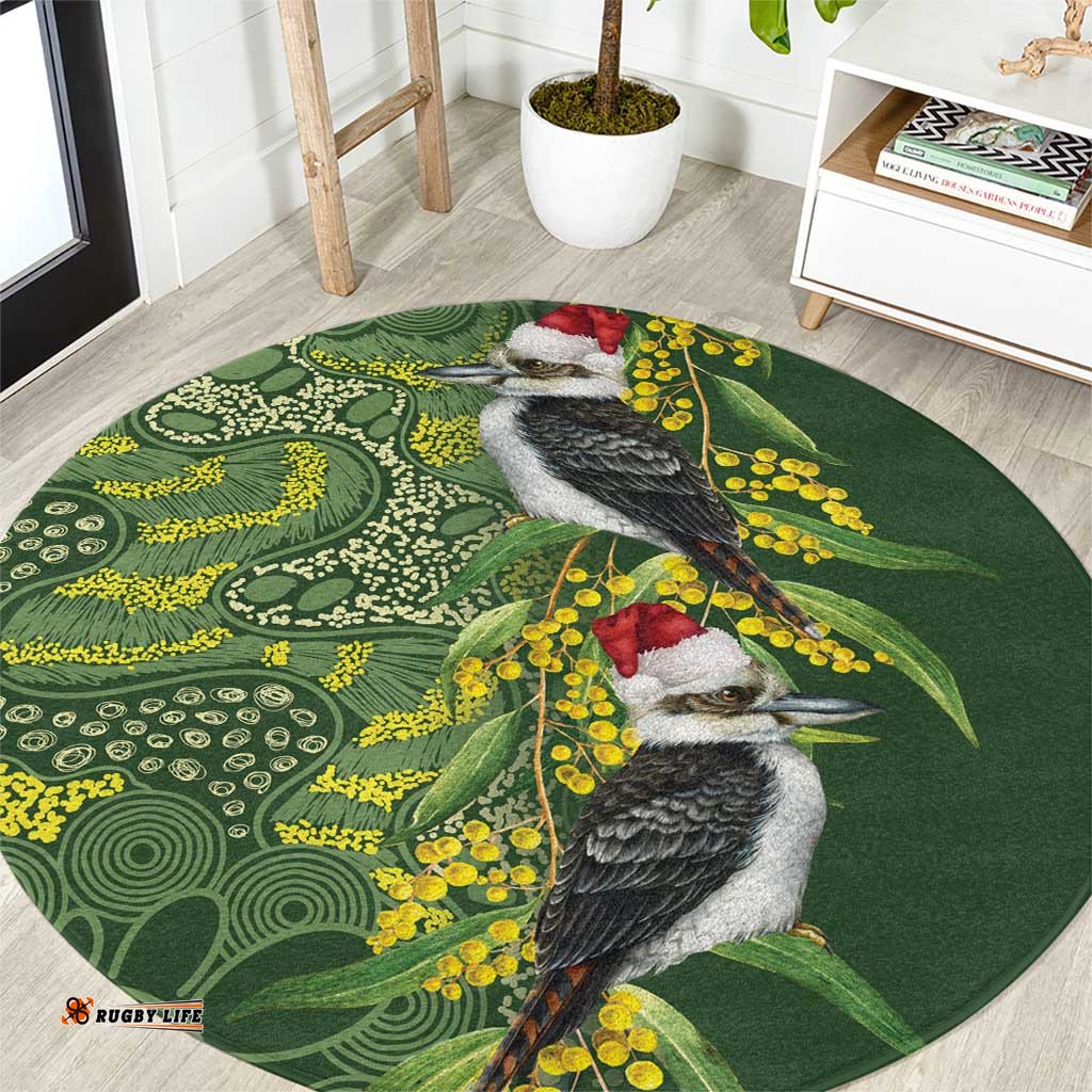 Aussie Kokaburra Golden Wattle Christmas Round Carpet Aboriginal Dots Painting Green Motif LT9