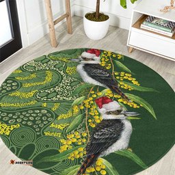 Aussie Kokaburra Golden Wattle Christmas Round Carpet Aboriginal Dots Painting Green Motif LT9