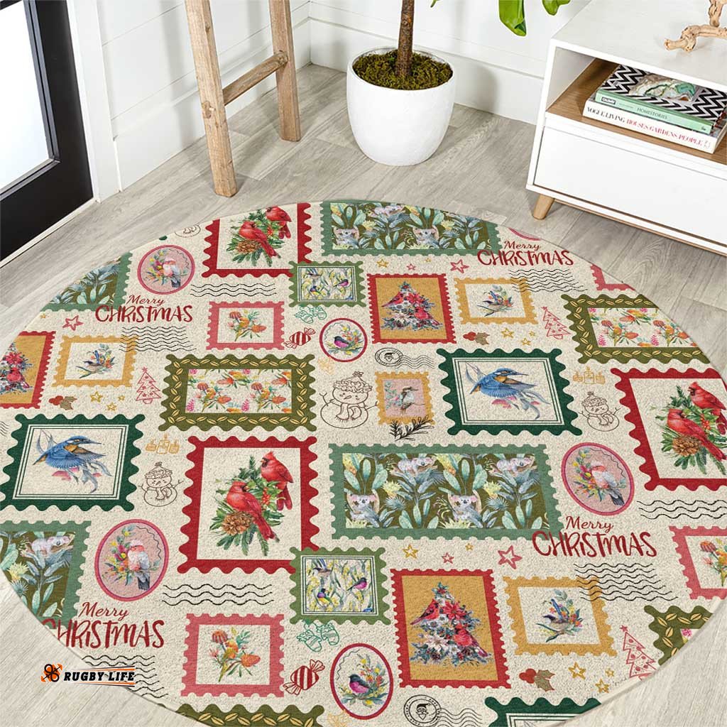 Aussie Birds Christmas La La Land Round Carpet Beige Vintage Stamp Edition LT9