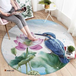 Australia Azure Kingfisher Round Carpet Ceyx Azureus Sacred Lotus Watercolor LT14