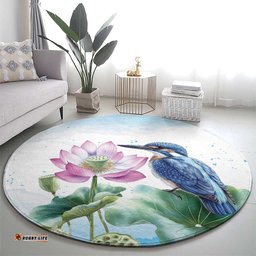 Australia Azure Kingfisher Round Carpet Ceyx Azureus Sacred Lotus Watercolor LT14