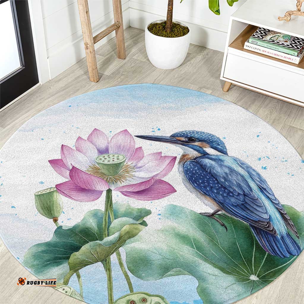 Australia Azure Kingfisher Round Carpet Ceyx Azureus Sacred Lotus Watercolor LT14