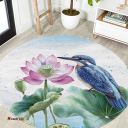Australia Azure Kingfisher Round Carpet Ceyx Azureus Sacred Lotus Watercolor LT14