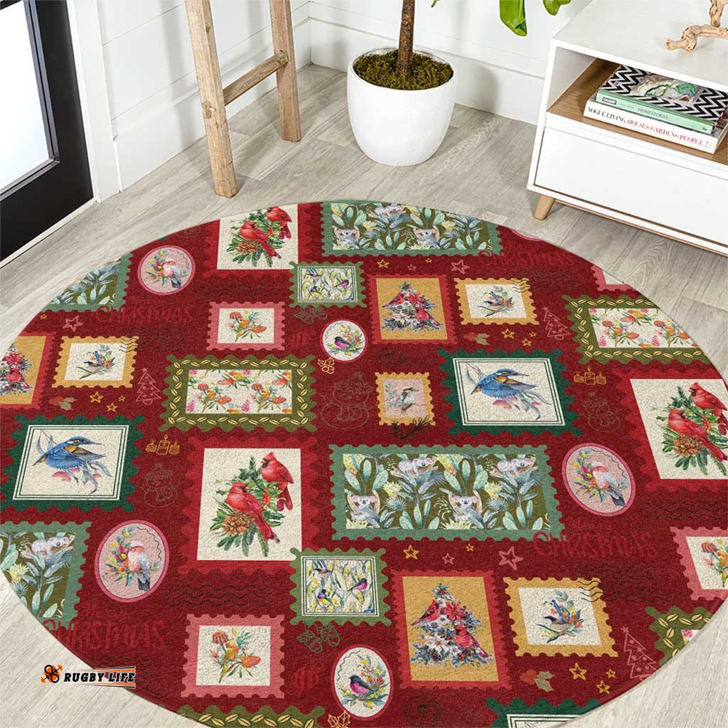 Aussie Birds Christmas La La Land Round Carpet Red Vintage Stamp Edition LT9