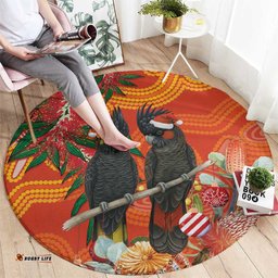 Australia Black Cockatoo Christmas Round Carpet Banksia Bottlebrush Aboriginal Art LT14