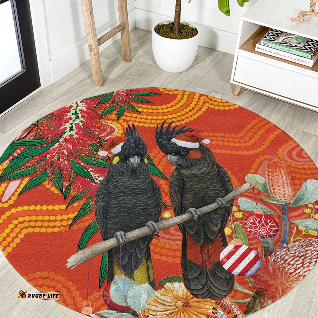 Australia Black Cockatoo Christmas Round Carpet Banksia Bottlebrush Aboriginal Art LT14