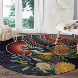 Aussie Honeyeaters Banksia Flowers Round Carpet Aboriginal Dots Painting LT9