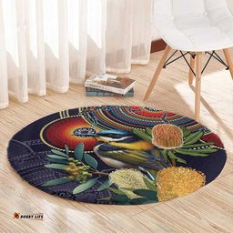 Aussie Honeyeaters Banksia Flowers Round Carpet Aboriginal Dots Painting LT9