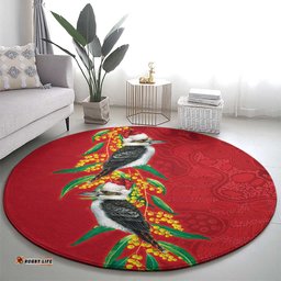 Aussie Kokaburra Golden Wattle Christmas Round Carpet Aboriginal Dots Painting Red Motif LT9