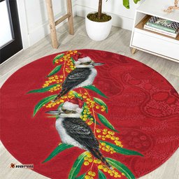 Aussie Kokaburra Golden Wattle Christmas Round Carpet Aboriginal Dots Painting Red Motif LT9