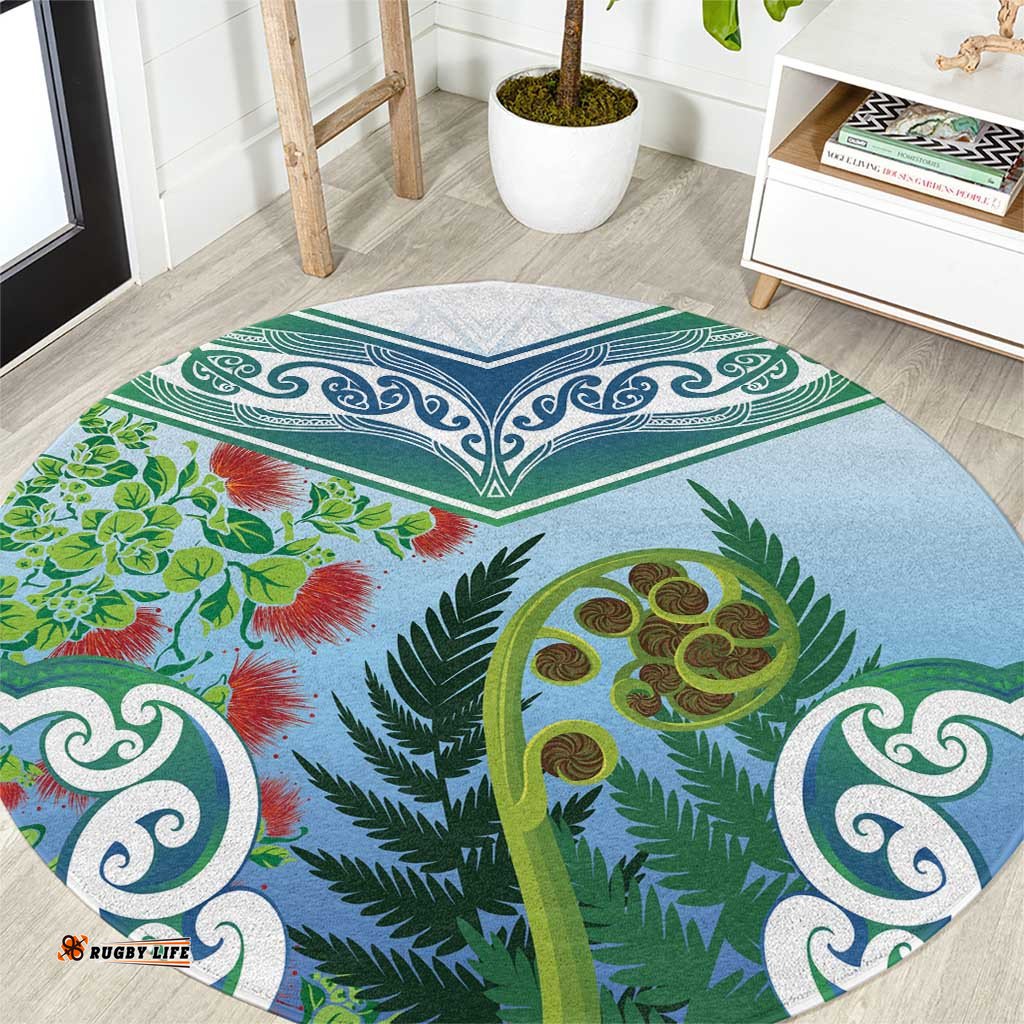Aotearoa New Zealand Natural Plants Round Carpet Pohutukawa with Silver Ferns Koru Frond Maori Tattoos LT03