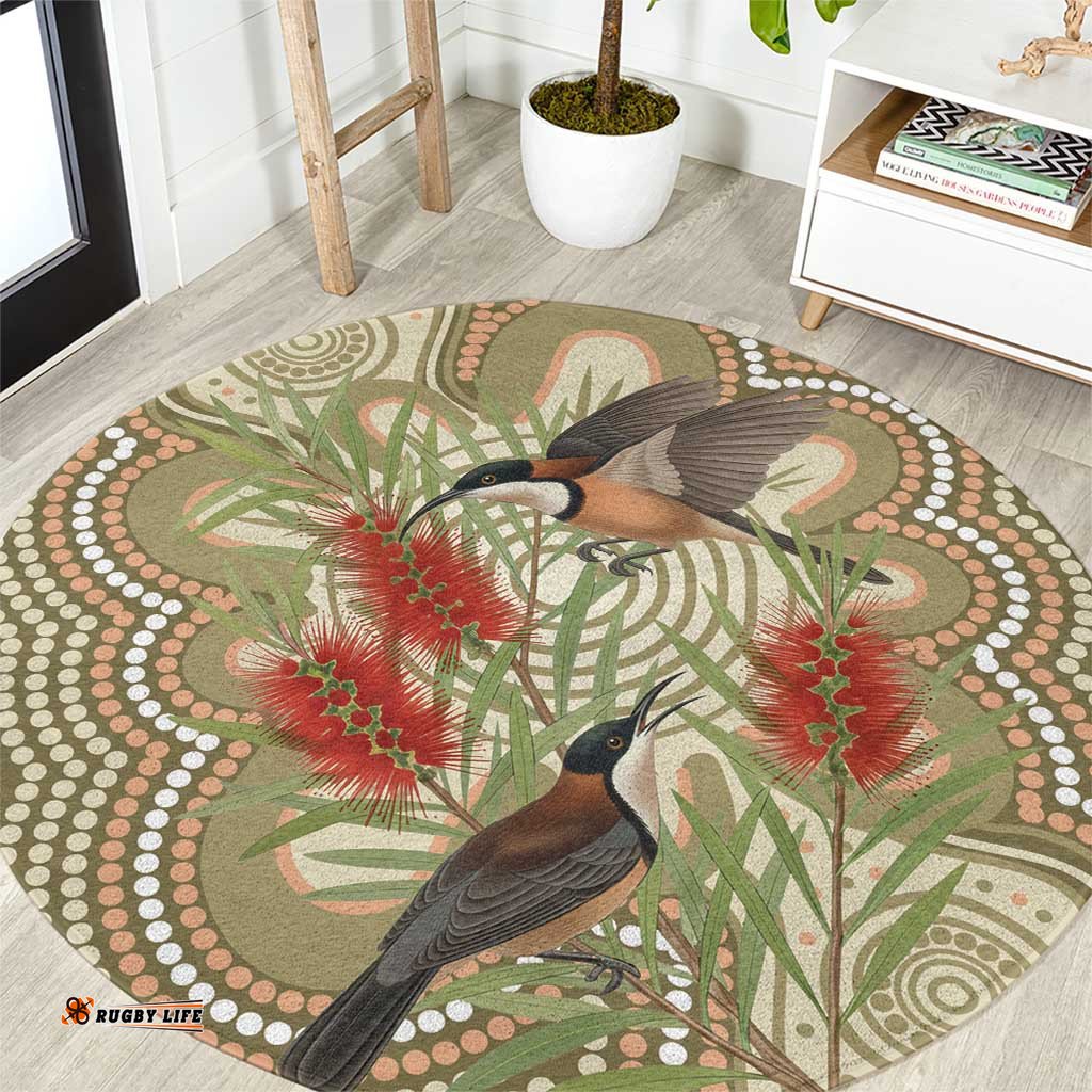 Australia Eastern Spinebill Round Carpet Aussie Honeyeater Bottlebrush Indigenous Art LT14