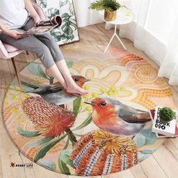 Australia Flame Robin Round Carpet Petroica Phoenicea Banksia Indigenous Art LT14