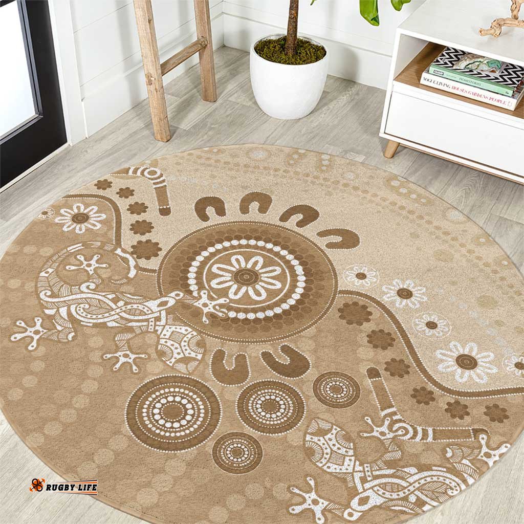 Beige Lizards Australia Round Carpet Boomerang Indigenous Art LT14