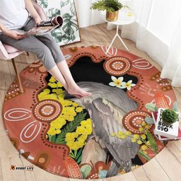 Australia Tawny Frogmouth Round Carpet Golden Wattle Banksia Aboriginal Art LT14