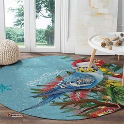 Blue Budgies on Callistemon Round Carpet Merry Christmas Aussie LT7