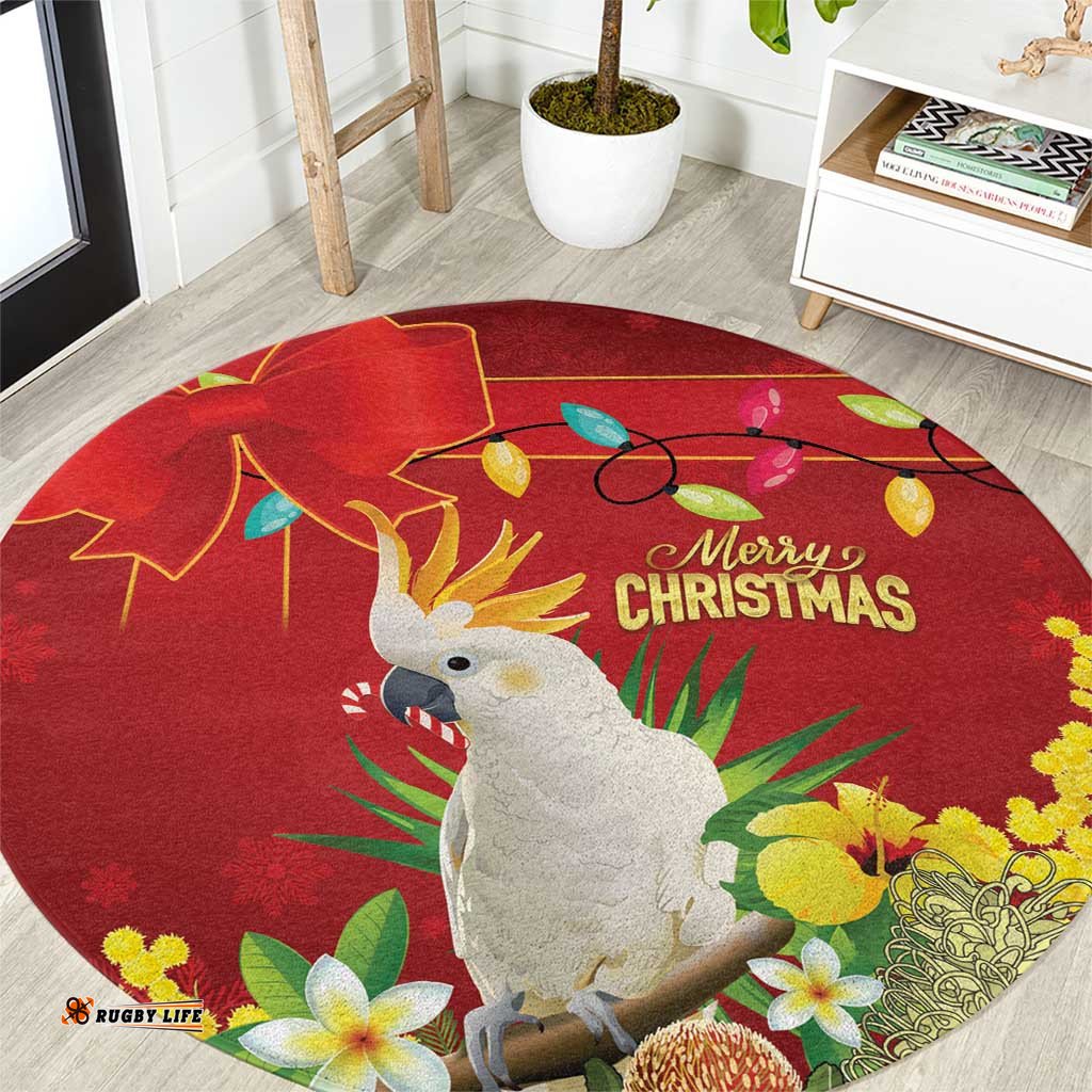 Australia Sulphur-crested Cockatoo Christmas Round Carpet Aussie Native Flowers Merry Xmas LT14