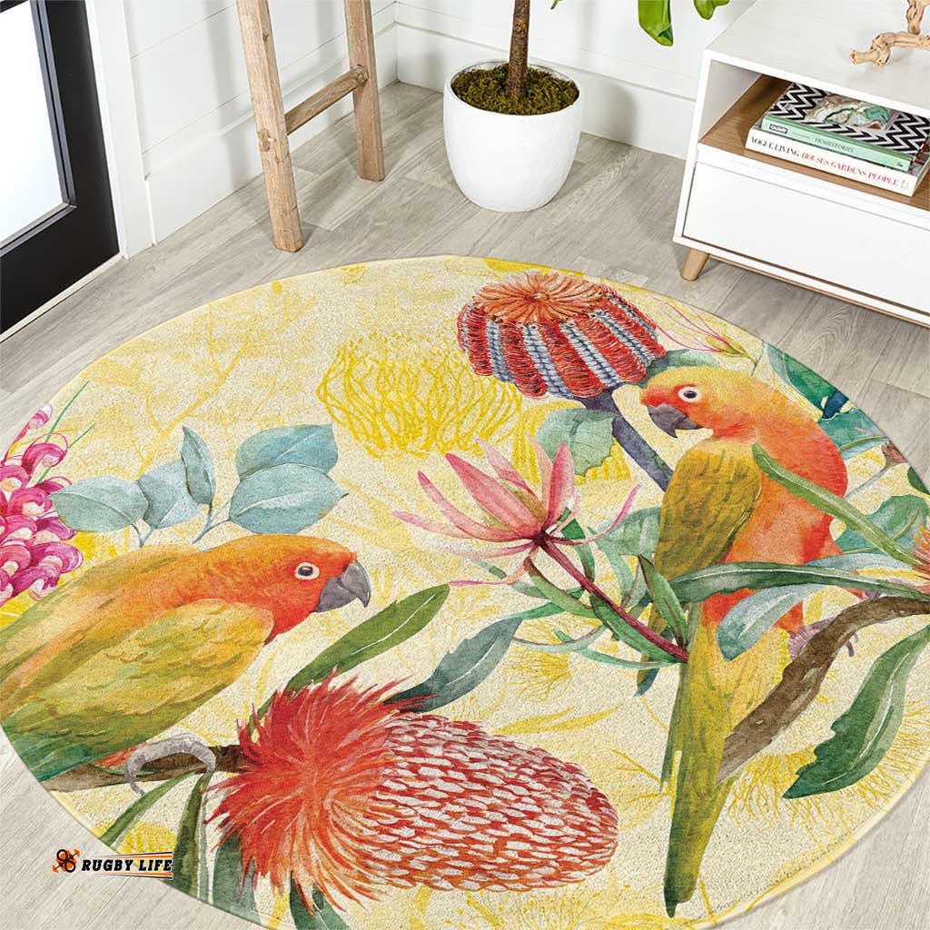 Birds and Floral Aussie Lorikeet Round Carpet Pastel Yellow LT7