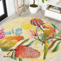 Birds and Floral Aussie Lorikeet Round Carpet Pastel Yellow LT7