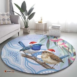 Australia Superb Fairywren Christmas Round Carpet Aboriginal Eucalyptus Blossoms Watercolor LT14