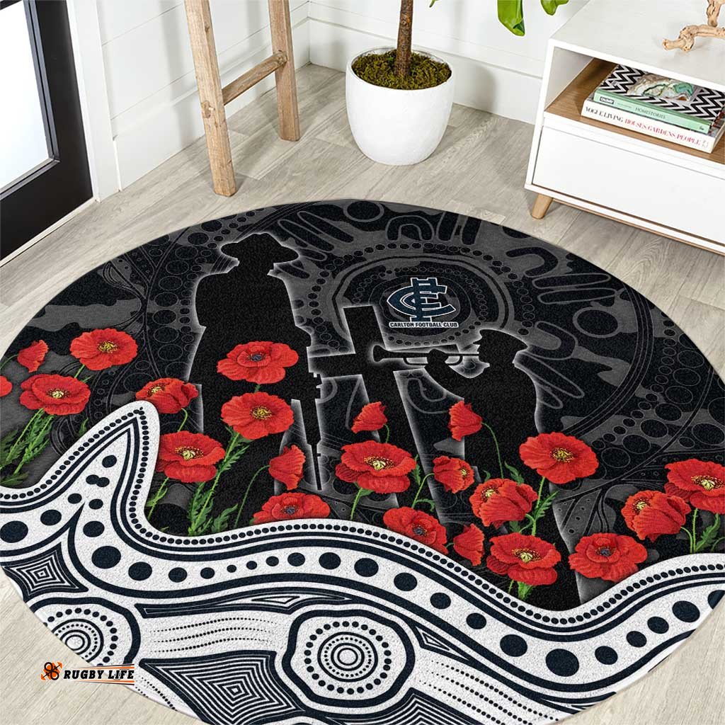Carlton Blues ANZAC Day Round Carpet Indigenous Dot Art with Poppy Flower Tribute TS04
