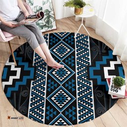 Azure Tukutuku Pattern Aotearoa Round Carpet Niho Taniwha and Puhoro Motifs LT7