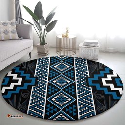 Azure Tukutuku Pattern Aotearoa Round Carpet Niho Taniwha and Puhoro Motifs LT7
