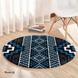 Azure Tukutuku Pattern Aotearoa Round Carpet Niho Taniwha and Puhoro Motifs LT7