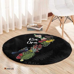 Kia Ora New Zealand Floral Round Carpet Black LT7