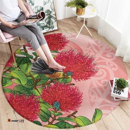 New Zealand Fantail Round Carpet Maori Koru With Pohutukawa Flowers LT05