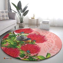 New Zealand Fantail Round Carpet Maori Koru With Pohutukawa Flowers LT05