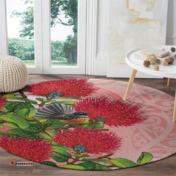 New Zealand Fantail Round Carpet Maori Koru With Pohutukawa Flowers LT05