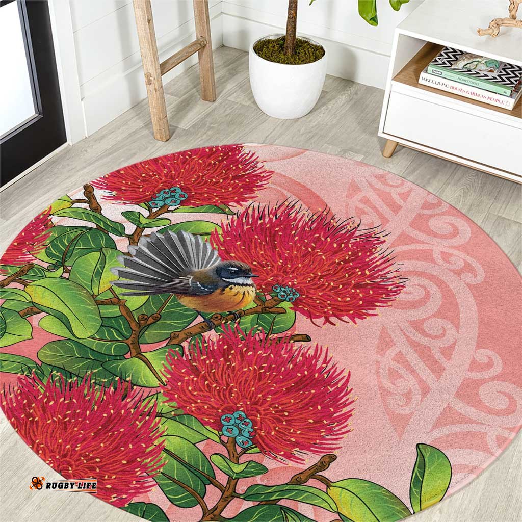 New Zealand Fantail Round Carpet Maori Koru With Pohutukawa Flowers LT05