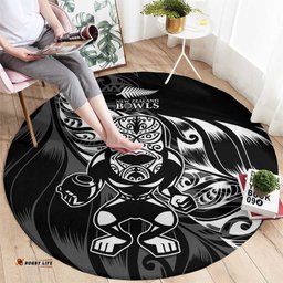 New Zealand Lawn Bowls Round Carpet Black Maori Warrior Tribal Silver Fern LT9