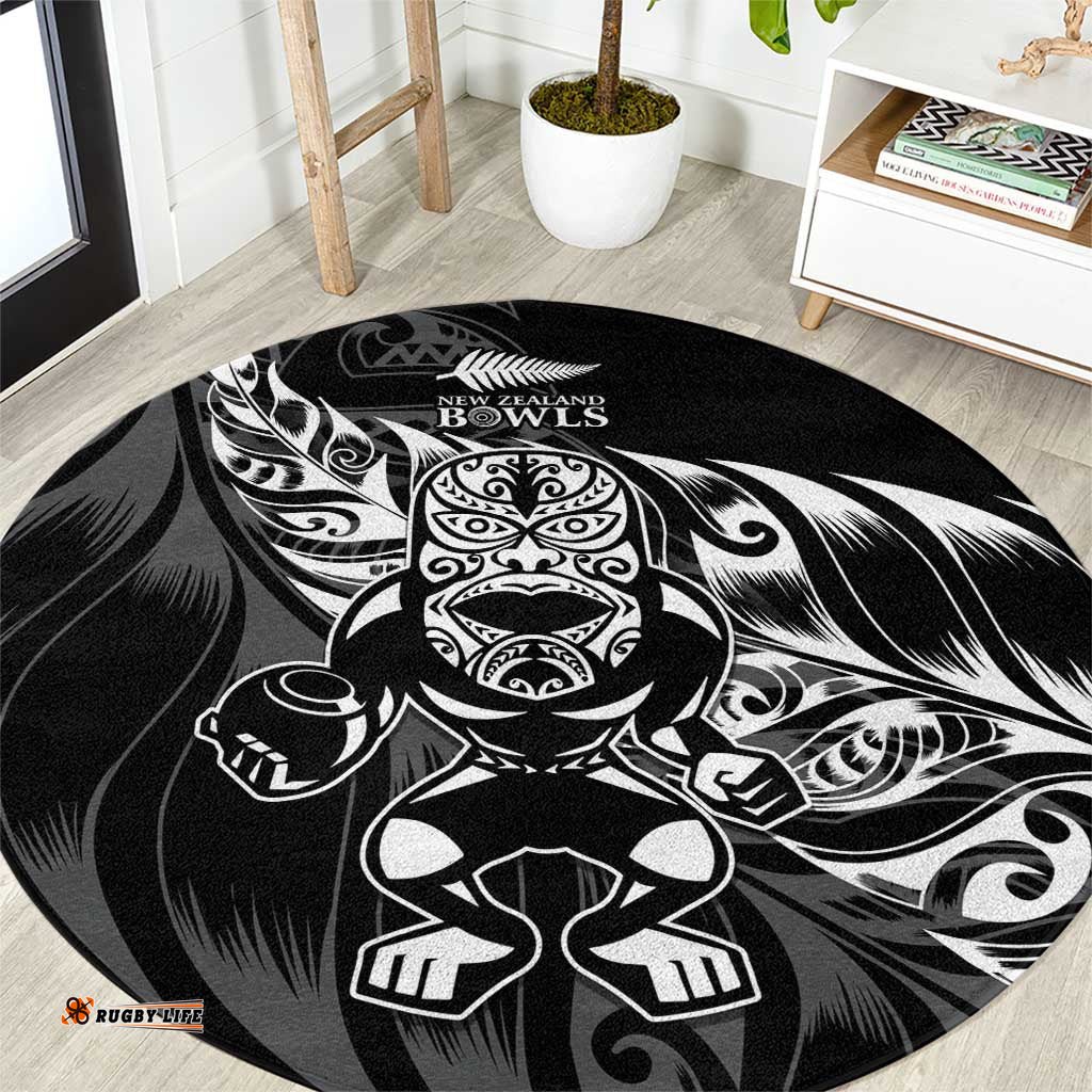 New Zealand Lawn Bowls Round Carpet Black Maori Warrior Tribal Silver Fern LT9