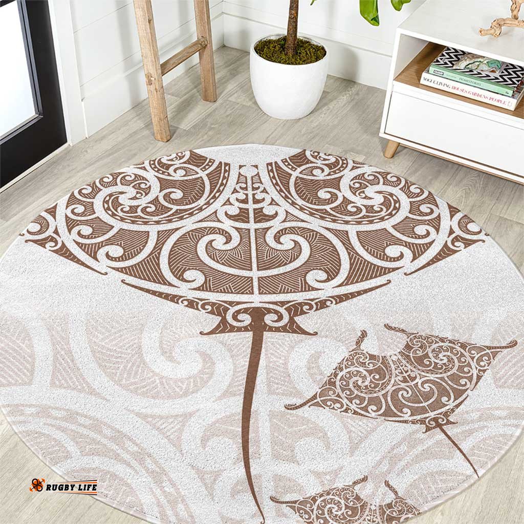 New Zealand Manta Ray Tattoo Round Carpet Aotearoa Maori Haehae Beige LT14
