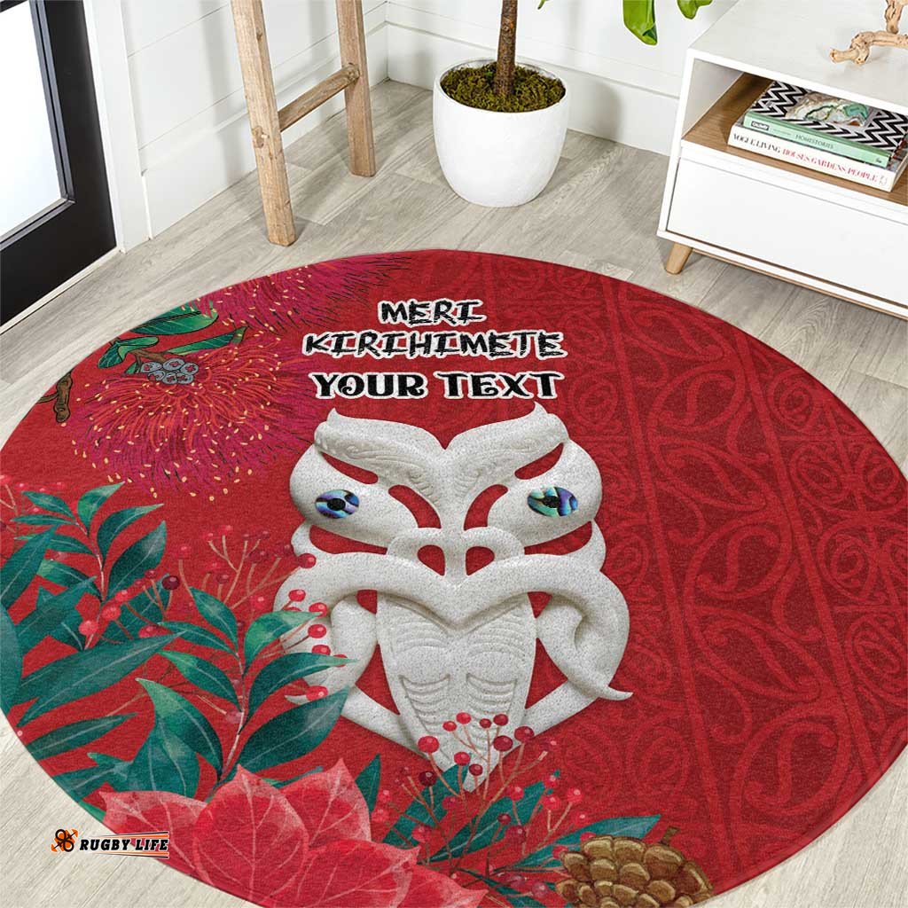 Maori Wheku Meri Kirihimete Personalised Round Carpet All Red Indigenous Maori Motif LT9