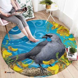 New Zealand Kokako Bird Round Carpet Maori Koru With Kowhai Flowers LT05