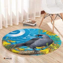 New Zealand Kokako Bird Round Carpet Maori Koru With Kowhai Flowers LT05