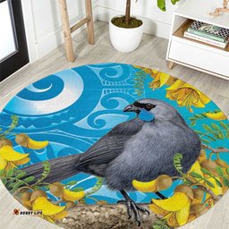 New Zealand Kokako Bird Round Carpet Maori Koru With Kowhai Flowers LT05