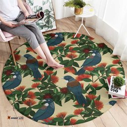 New Zealand Christmas Round Carpet Romantic Tui Birds on Pohutukawa - Ivory LT7