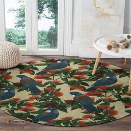 New Zealand Christmas Round Carpet Romantic Tui Birds on Pohutukawa - Ivory LT7