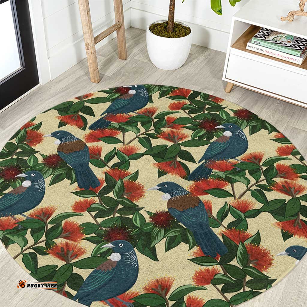 New Zealand Christmas Round Carpet Romantic Tui Birds on Pohutukawa - Ivory LT7