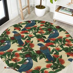 New Zealand Christmas Round Carpet Romantic Tui Birds on Pohutukawa - Ivory LT7