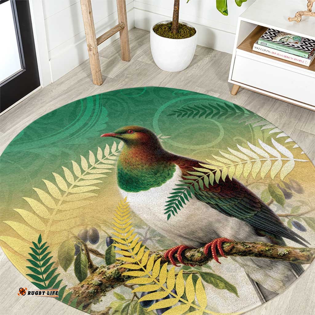 New Zealand Pigeon Kereru Round Carpet Maori Fern Art Green Gradient LT05