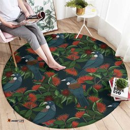 New Zealand Christmas Round Carpet Romantic Tui Birds on Pohutukawa - Cobalt LT7