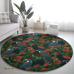 New Zealand Christmas Round Carpet Romantic Tui Birds on Pohutukawa - Cobalt LT7
